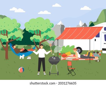 Happy people grilling sausages and reading books, flat vector illustration. Summer hiking, bbq party, camper van travel.