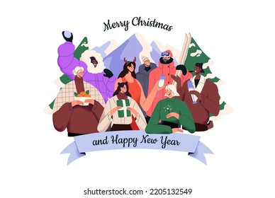 Happy people group at Christmas holiday. Diverse characters with sparklers, gifts, drink celebrate Merry Xmas and New Year on winter vacation. Flat vector illustration isolated on white background