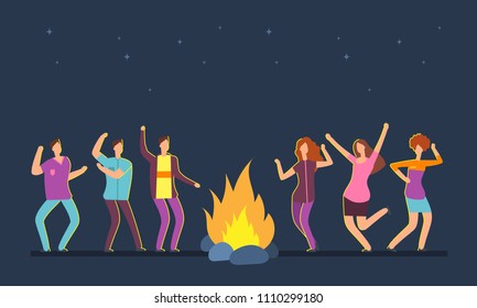 Happy people group dancing at campfire. Music festival camping vector cartoon concept. Dance people around fire, night flame illustration