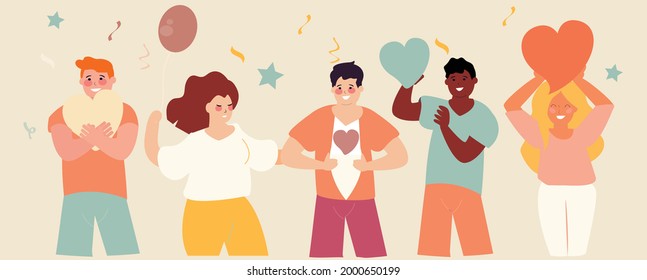 Happy people group holding hearts, celebrate the end of pandemic. Men and women smile, dance and spread positive vibes. Love, charity, volunteering Valentine's Mother's or Women's day concept card.