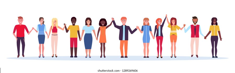 happy people group holding raised hands mix race men women standing together multiethnic friends celebration success male female cartoon characters full length flat horizontal