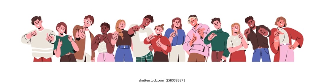 Happy people group pointing with finger, choosing, picking you. Corporate team showing, selecting with inviting gesture, choice, hiring, smiling. Flat vector illustration isolated on white background