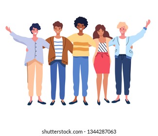 Happy People Group Portrait. Friends Waving Hands, Embracing Each Other Vector Illustration Isolated On White