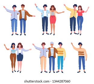 Happy people group portrait set. Friends waving hands, couples embracing each other vector illustration isolated on white