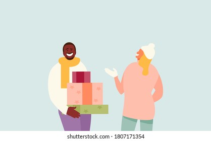 Happy people group preparing for Christmas. New Years celebration vector characters