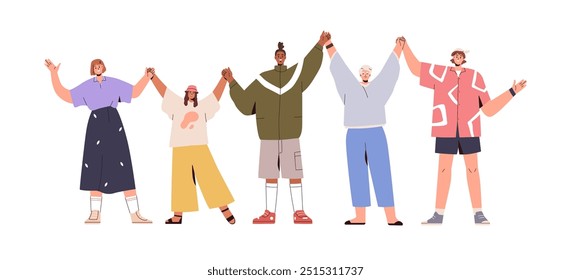 Grupo de pessoas felizes em pé, de mãos dadas, de braços levantados em unidade. Caracteres diversos, comunidade. Conceito de união. Ilustração de vetor plano isolada no plano de fundo branco