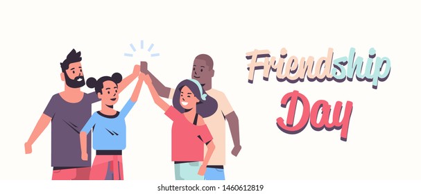 happy people group with their hands piled on top of each other young friends having fun together friendship day celebration concept flat portrait greeting card horizontal