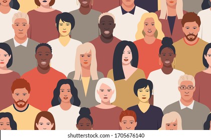 Happy people - hand drawn seamless pattern of a crowd of many different people from diverse cultural backgrounds. Vector seamless pattern with young men and women with different skin color.