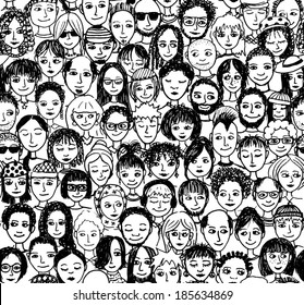 Happy People - Hand Drawn Seamless Pattern Of A Crowd Of Many Different People From Diverse Cultural Backgrounds Who Are Smiling And Happy (there's An Image With Unhappy People In My Portfolio Too)