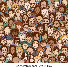 Happy People - Hand Drawn Seamless Pattern Of A Crowd Of Many Different People From Diverse Ethnic Backgrounds Who Are Smiling And Happy (there's An Image With Unhappy People In My Portfolio Too)