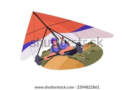Happy people hang gliding. Man with dog flying on hangglider in air, guy paragliding on deltaplan. Flight in the sky on delta wing. Extreme sport with pet. Flat isolated vector illustration on white