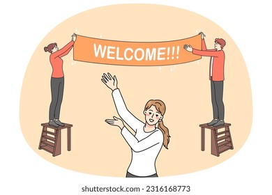 Happy people hanging Welcome banner inviting visitors to party or celebration. Smiling hosts decorating house entrance welcoming customers or passer-by. Vector illustration.