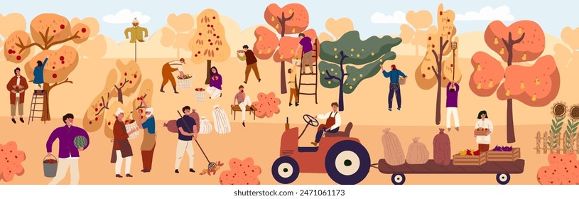 Happy people harvesting in an orchard or on a farm. Autumn harvest, seasonal agricultural work. Flat cartoon colourful vector illustration.