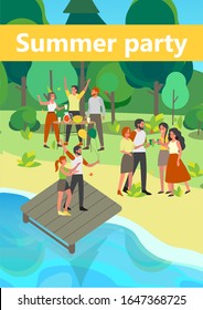 Happy people have a big party with balloons outside in park. Woman and man have fun and dance together. Festive or event. Isolated flat vector illustration