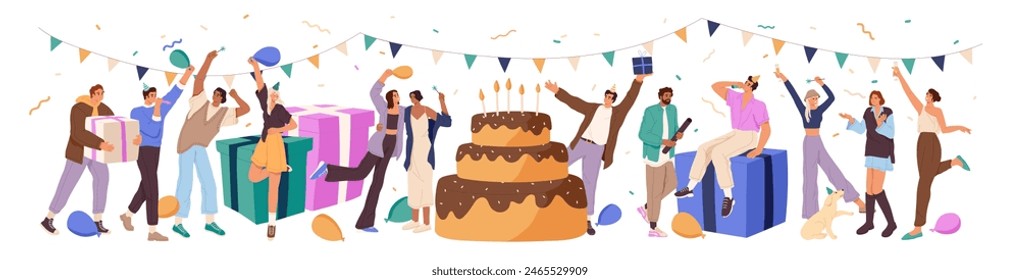 La gente feliz se divierte en la fiesta de cumpleaños. Los amigos celebran el aniversario con pastel festivo, regalos y confeti. Enhorabuena por el concepto de vacaciones. Ilustración vectorial aislada plana sobre fondo blanco