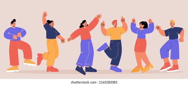 Happy people have fun and dance in different poses. Vector flat illustration of group of excited characters celebrate holiday together. Positive men and women joy