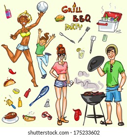 Happy people having BBQ party, vector collection, isolated.