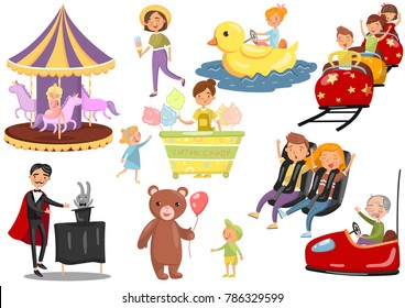 Happy people having fun in amusement park set, carousel, ferris wheel, roller coaster, car, magician cartoon vector Illustrations