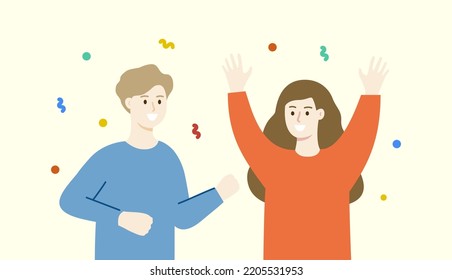 Fröhliche Leute, die Spaß haben, auf der Party tanzen. Mann und Frau feiern zusammen. Feiern, Events, Entspannungskonzepte. Flache Vektordesign-Illustration mit Konfetti-Hintergrund. 