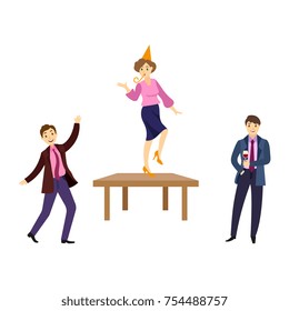 Happy people having fun, dancing on table, drinking at corporate party, cartoon vector illustration isolated on white background. People having corporate party in office, dancing, drinking wine