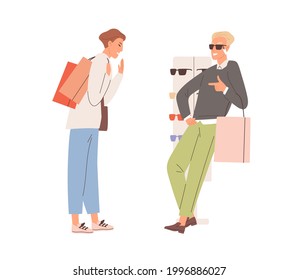 Happy people having fun and laughing during shopping. Man joking and fooling while choosing sunglasses together with female friend. Colored flat vector illustration of funny buyers isolated on white