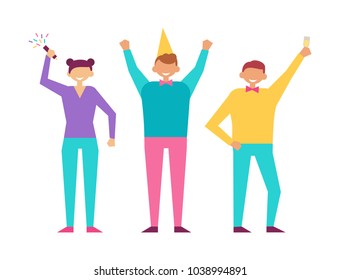 Happy people having fun on birthday party, woman with flapper, man in fest hat with hands up and with glass of champagne greets everyone birthday