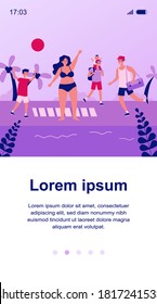 Happy people having fun on beach. Sun, leisure, sea flat vector illustration. Summer activity and vacation concept for banner, website design or landing web page
