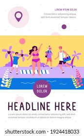 Happy people having fun on beach. Sun, leisure, sea flat vector illustration. Summer activity and vacation concept for banner, website design or landing web page