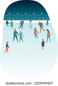 Happy people having fun on the ice rink. Winter holiday scene with active people in an outdoor park. Christmas and Happy New Year vector illustration with copy space
