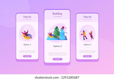 Happy people having fun outdoor in winter sledding and making snowman. Winter outdoor fun, building a snowman, snowball fight and sledding concept.Mobile UI UX GUI template, app interface wireframe