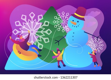 Happy people having fun outdoor in winter sledding and making snowman. Winter outdoor fun, building a snowman, snowball fight and sledding concept.Bright vibrant violet vector isolated illustration