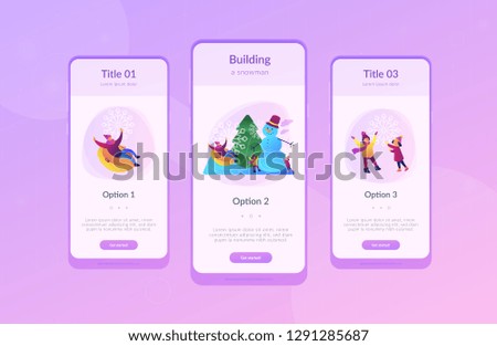 Happy people having fun outdoor in winter sledding and making snowman. Winter outdoor fun, building a snowman, snowball fight and sledding concept.Mobile UI UX GUI template, app interface wireframe