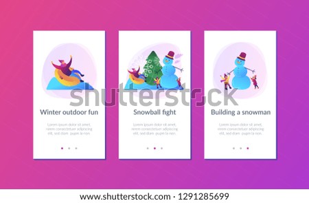 Happy people having fun outdoor in winter sledding and making snowman. Winter outdoor fun, building a snowman, snowball fight and sledding concept.Mobile UI UX GUI template, app interface wireframe