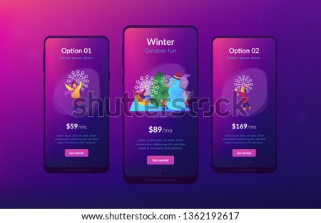 Happy people having fun outdoor in winter sledding and making snowman. Winter outdoor fun, building a snowman, snowball fight and sledding concept.Mobile UI UX GUI template, app interface wireframe