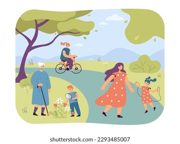 Happy people having fun in the park vector illustration. Cartoon drawing of boy with grandmother, child skipping with mother, girl riding bicycle. Outdoor activity, leisure, summer concept