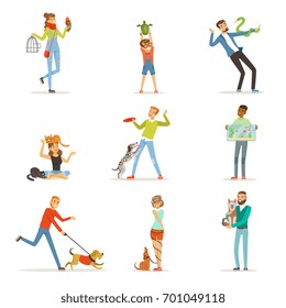 Happy people having fun with pets, man, women and kids training and playing with their pets vector Illustrations