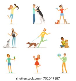 Happy people having fun with pets, man and women training and playing with their pets vector Illustrations