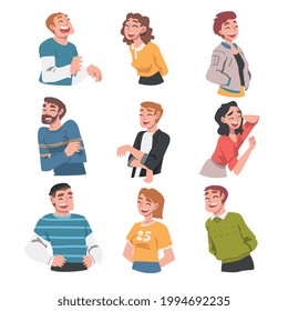 Happy People Having Fun Set, Portraits of Laughing People with Joyful Face Expression Cartoon Vector Illustration