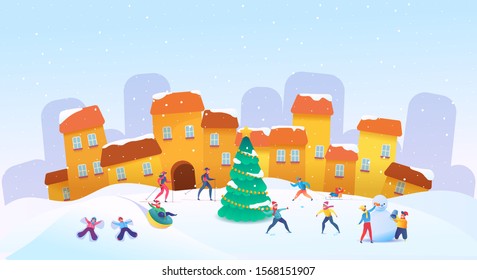 Happy people having fun at snowy winter city outdoors around christmas tree with star. Cheerful men, women with kid making snowman tube sledding, skiing and playing snowballs. Vector winter characters