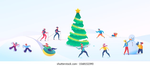 Happy people having fun at snowy winter outdoors around christmas tree with star. Cheerful men, women with kid making snowman tube sledding, skiing and playing snowballs. Vector flat winter characters