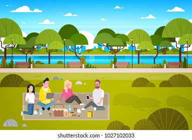 Happy People Having Picnic In Park Group Of Young Men And Women Sitting On Grass Relaxing Flat Vector Illustration