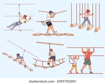 Happy people in helmets in rope park. Active sport entertainment, forest climbing for children and adults, adventure attractions, men and women extreme activity cartoon flat isolated vector set