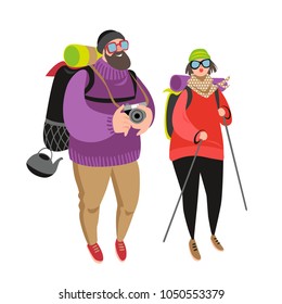 Happy people hiking together. Two cartoon characters with backpacks. Vector illustration on white background.