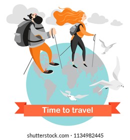Happy people hiking together. Two cartoon characters with backpacks against the planet. Vector illustration on white background.