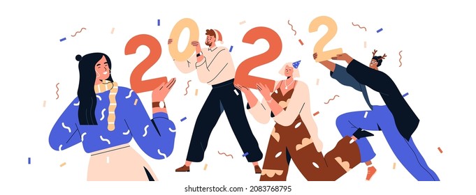 Happy people hold 2022 numbers, celebrate New Year holiday. Banner with merry joyful men and women rejoicing at festive winter party. Colored flat vector illustration isolated on white background