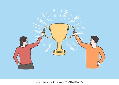 Happy people hold golden cup prize celebrate shared goal achievement accomplishment. Smiling man and woman carry gold award enjoy business win or victory. Teamwork concept. Vector illustration.