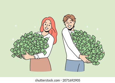 Happy people hold piles of money win lottery get jackpot in game. Smiling man and woman with cash stacks, receive investment. Successful banking, finance concept. Flat vector illustration. 