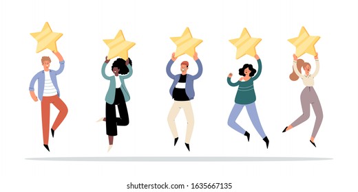 Happy people are holding 5 golden stars over the heads. Customer product or service  feedback, clients choices ratings and satisfaction review, user experience, assessment concept. Vector Illustration