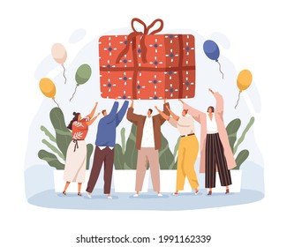 Happy People Holding Big Wrapped Birthday Gift. Joyful Men And Women With Huge Giftbox. Anniversary Celebration Concept. Colored Flat Vector Illustration Of Large Present Isolated On White Background