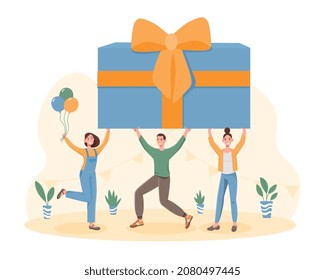 Happy people holding big wrapped birthday gift. Men and women with present. Celebrating anniversary or other holiday. Surprise for friend. Character with balloons. Cartoon flat vector illustration